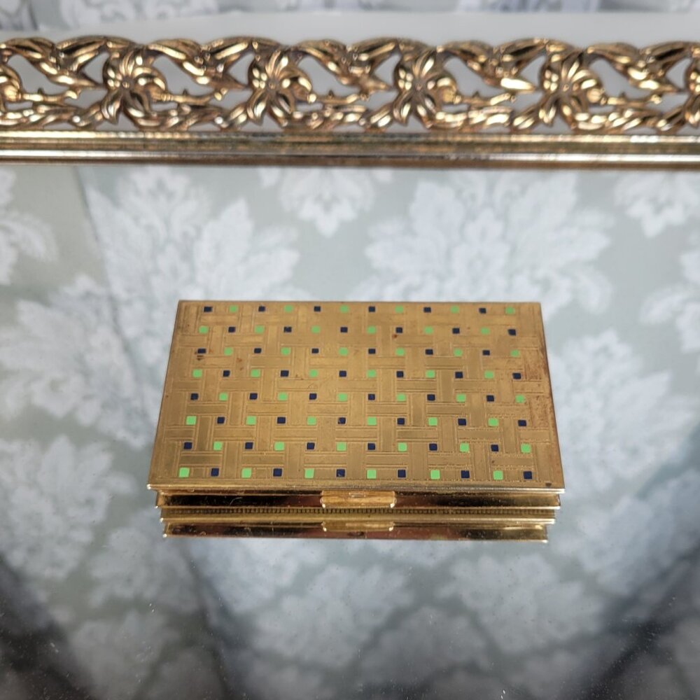 Vintage Richard Hudnut NY Art Deco Green & Black Enamel Squares Powder Compact